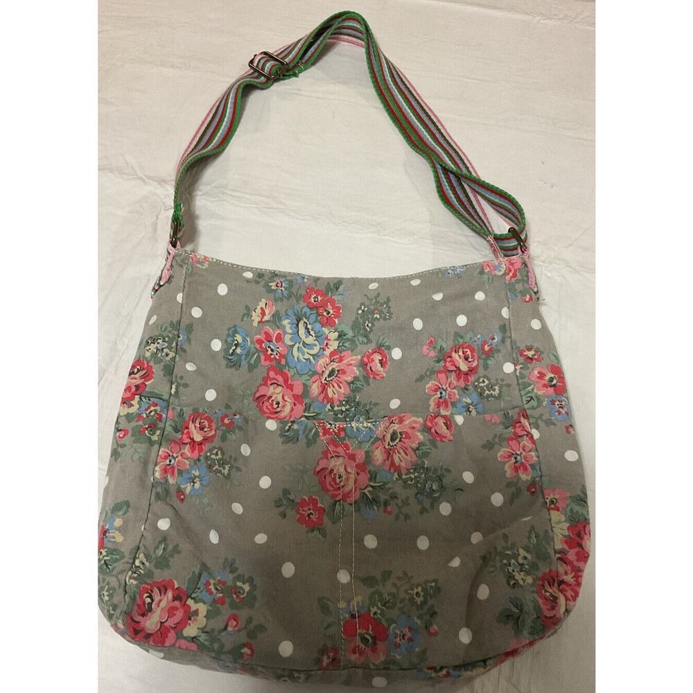 LULU Miss LuLu shoulder bag in Gray w/ flowers & wide striped strap, zip pocket
